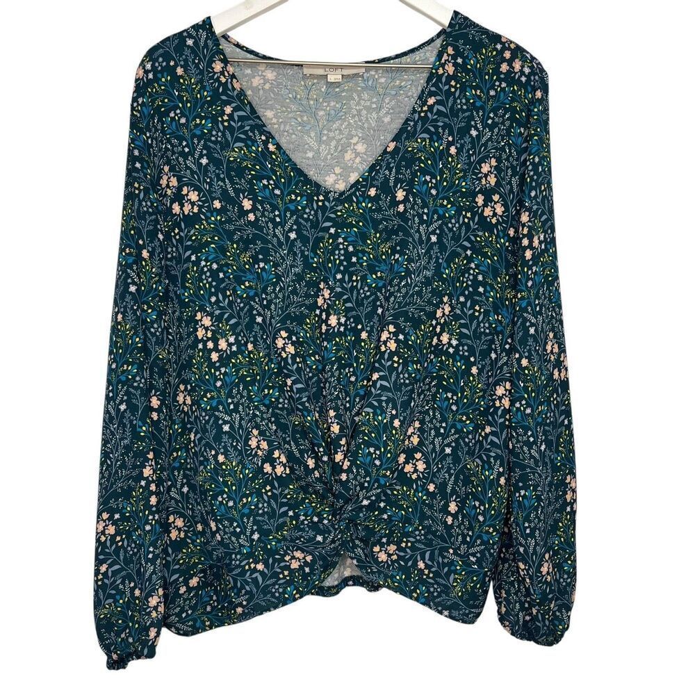LOFT Floral Mixed Media Long Sleeve Blouse size Large Teal Green Knot V-Neck